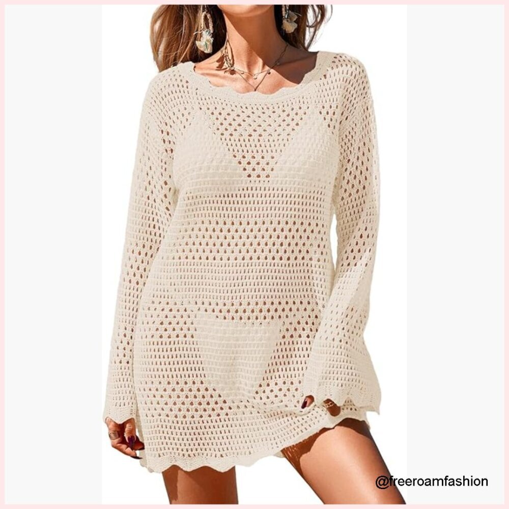 Long Sleeve Crochet Mesh Coverup Mini Dress Beach Swimsuit Cover Up
